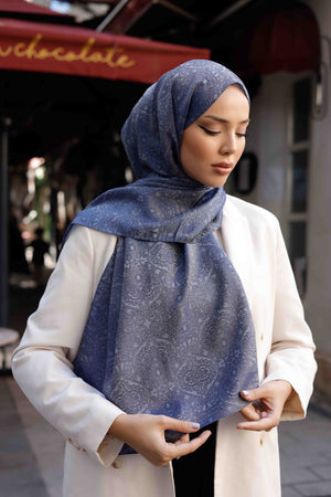 İpeksi Çift Taraflı Jakar Şal - Mandala Desen - Mavi