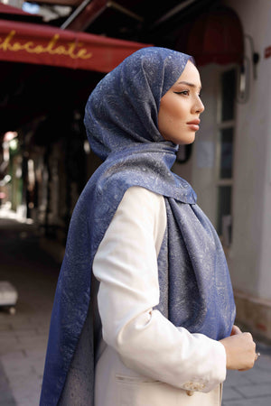 İpeksi Çift Taraflı Jakar Şal - Mandala Desen - Mavi