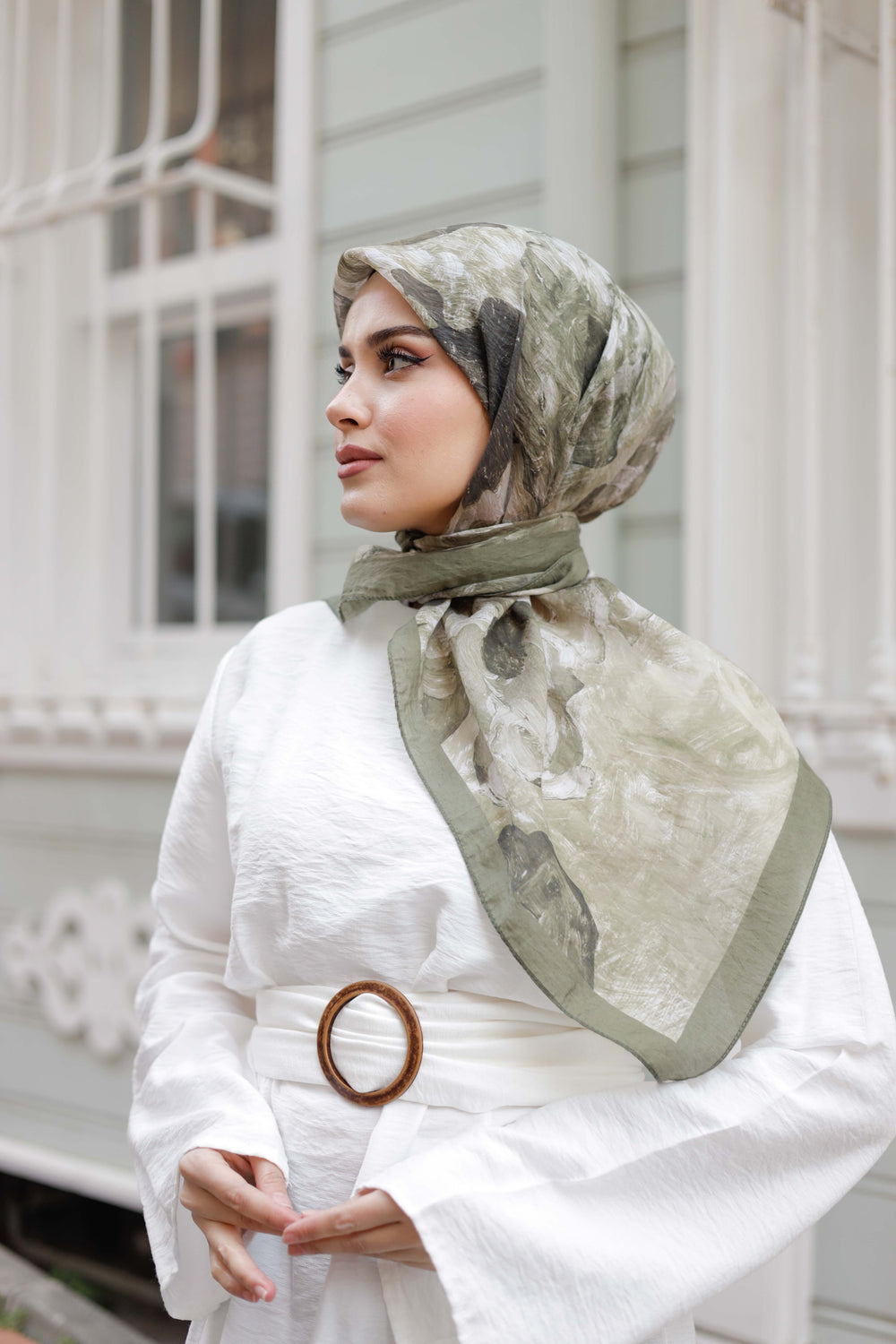 Tensel Eşarp - Ebruli Desen - Yeşil