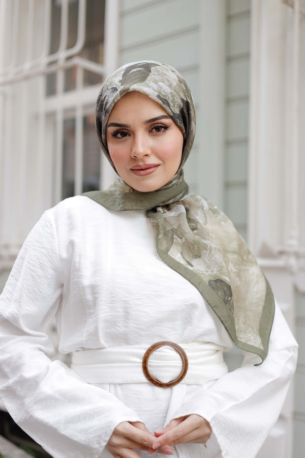Tensel Eşarp - Ebruli Desen - Yeşil