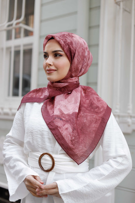 Tensel Eşarp - Ebruli Desen - Bordo
