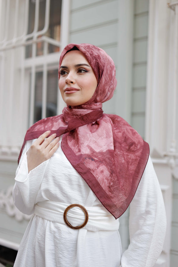 Tensel Eşarp - Ebruli Desen - Bordo