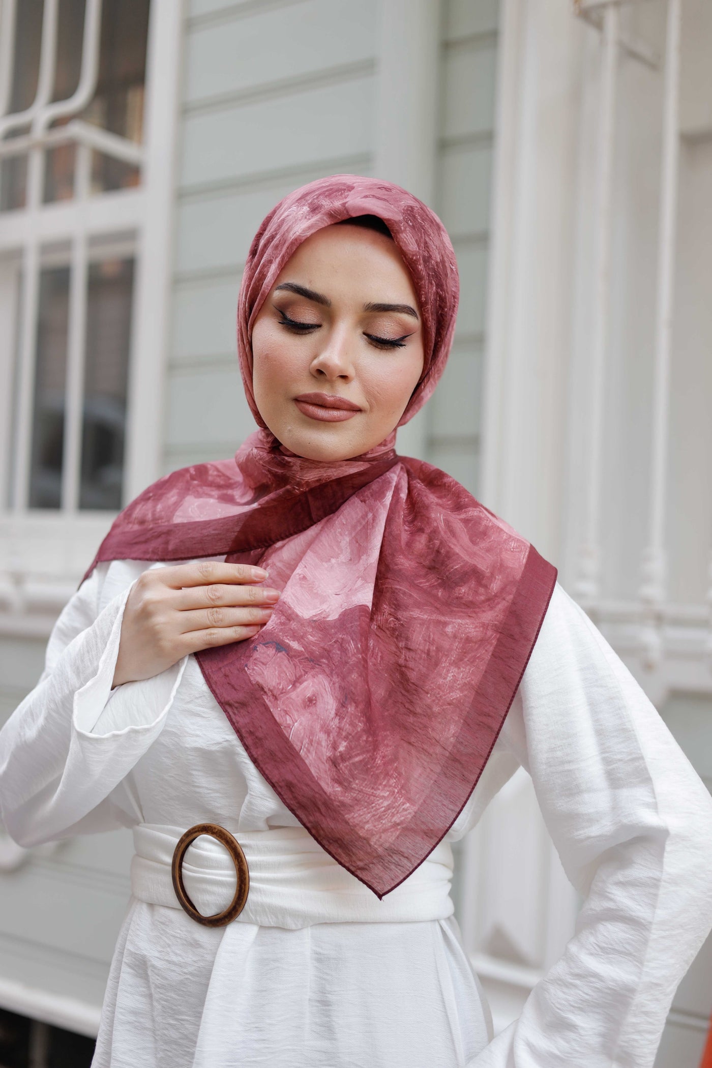 Tensel Eşarp - Ebruli Desen - Bordo
