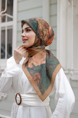 Tensel Eşarp - Ebruli Desen - Camel Yeşil