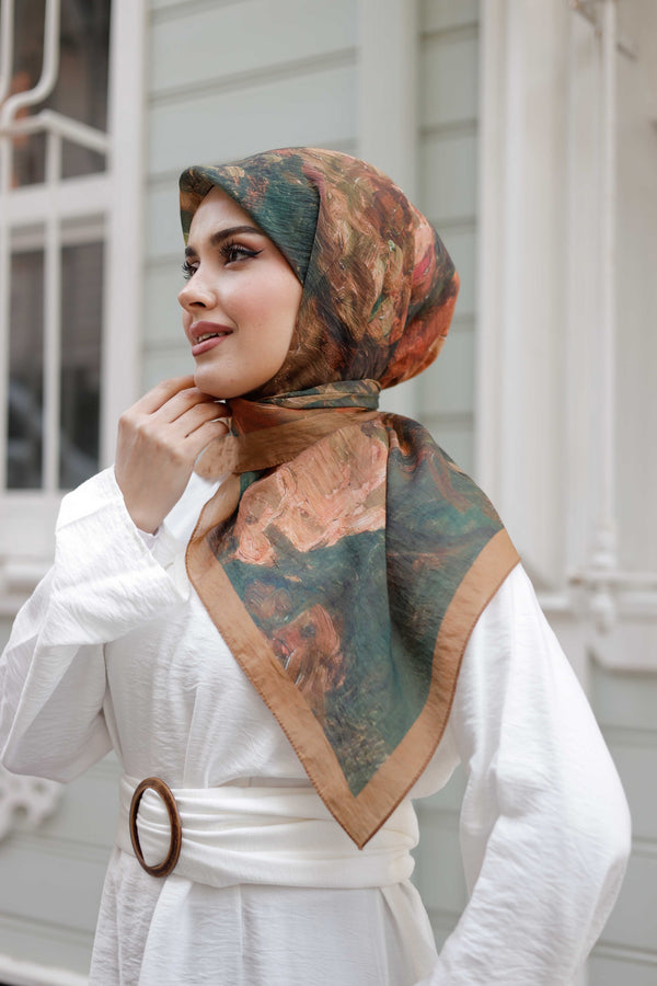 Tensel Eşarp - Ebruli Desen - Camel Yeşil