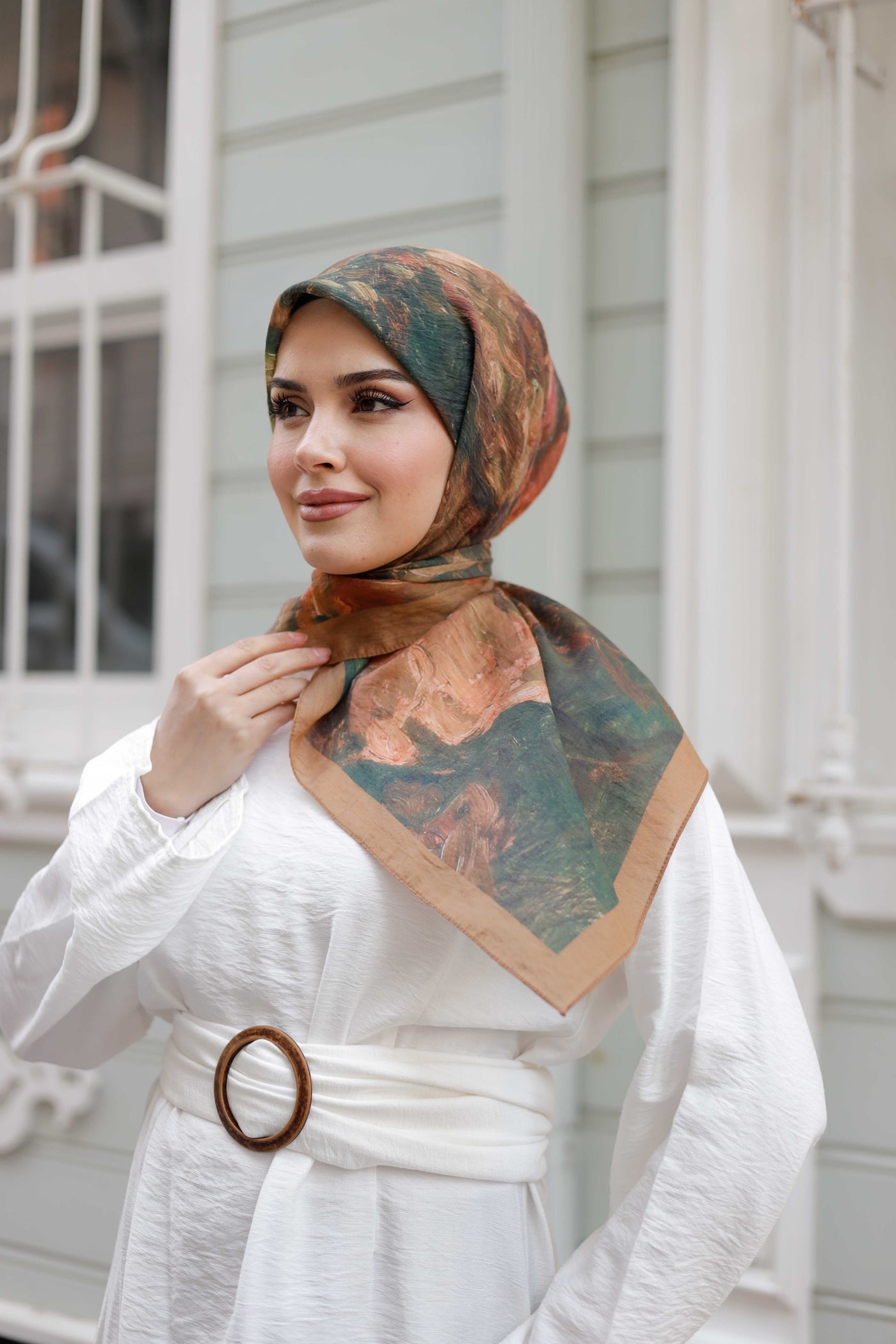 Tensel Eşarp - Ebruli Desen - Camel Yeşil