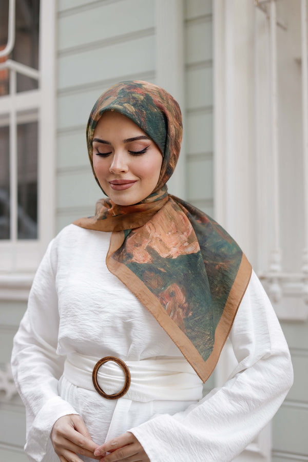 Tensel Eşarp - Ebruli Desen - Camel Yeşil