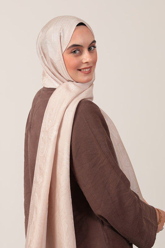 İpeksi Çift Taraflı Jakar Şal - Hint - Latte