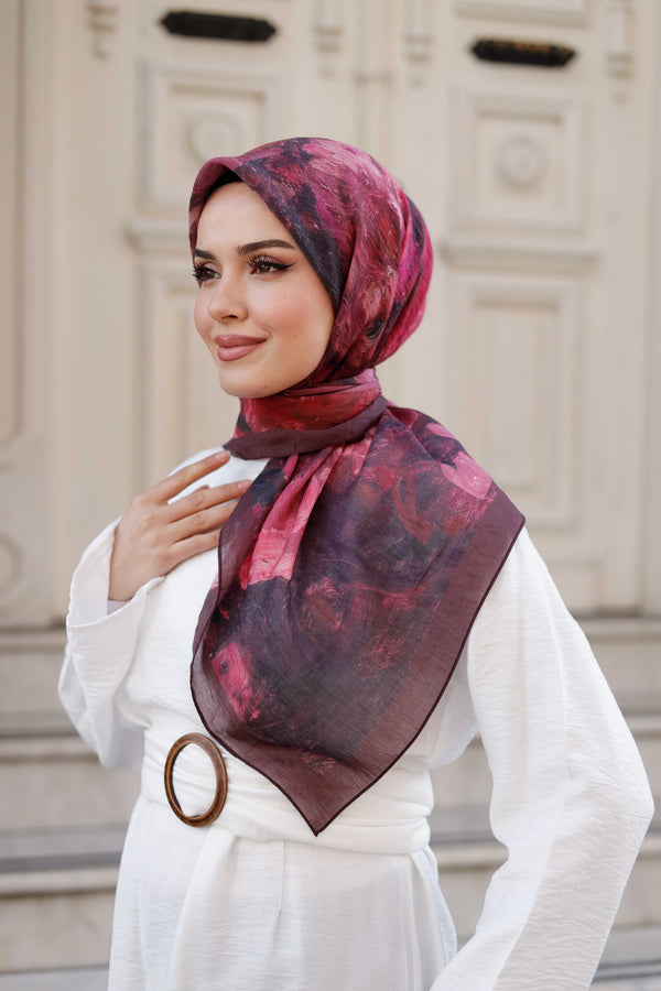 Tensel Eşarp - Ebruli Desen - Koyu Mürdüm