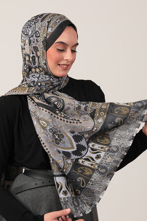 Pamuk İpek Şal - Damla Desen - Gri Gold