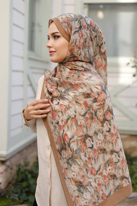 Tensel Şal - Batik Desen - Kahve Pudra