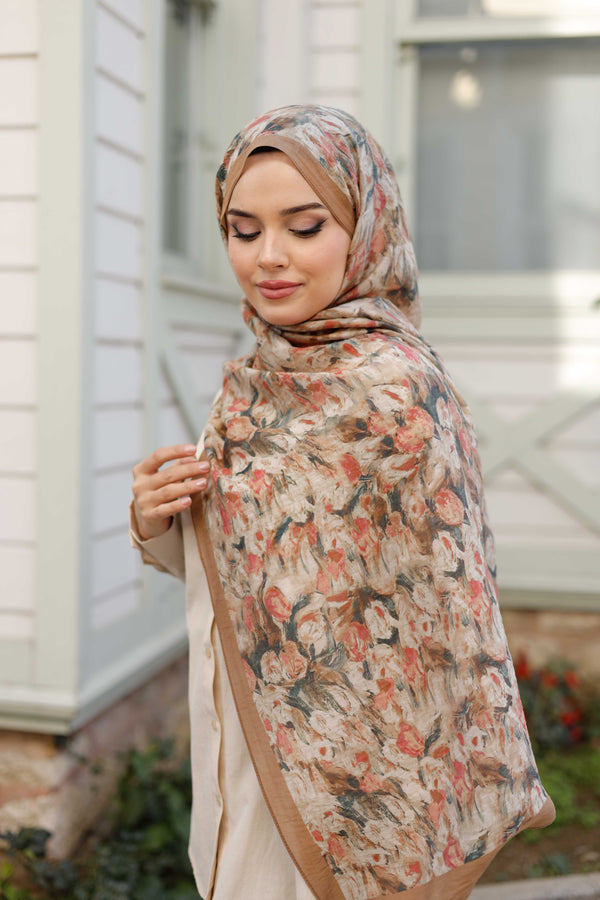 Tensel Şal - Batik Desen - Kahve Pudra