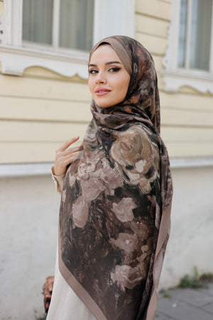 %100 Organik Pamuk Şal - Rose Desen - Koyu Kahve