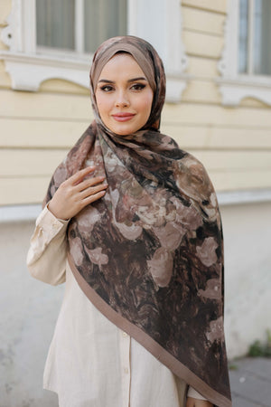 %100 Organik Pamuk Şal - Rose Desen - Koyu Kahve