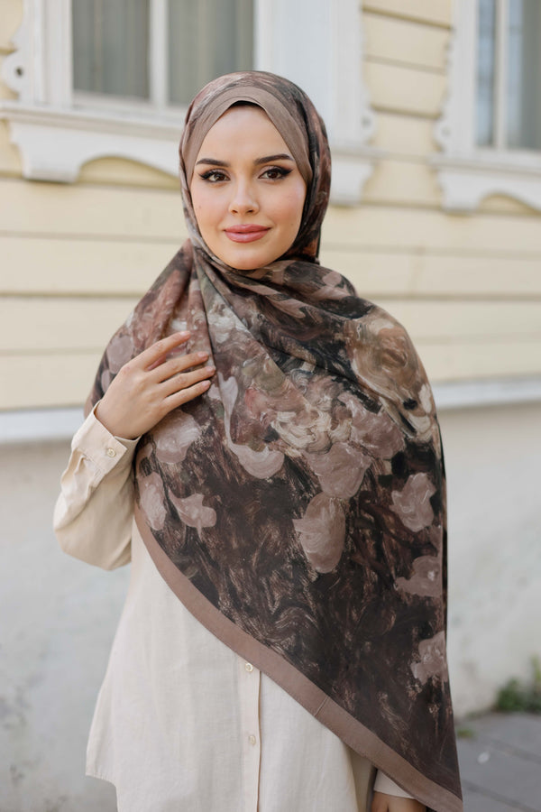 %100 Organik Pamuk Şal - Rose Desen - Koyu Kahve