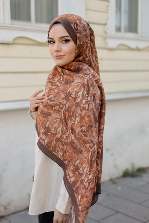 Tensel Şal - Yaprak Desen - Açık Kahve