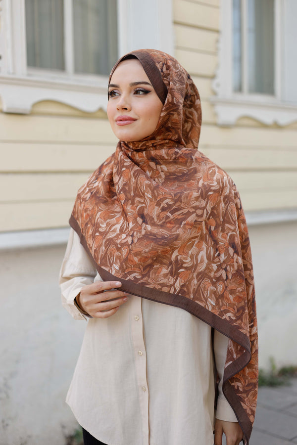 Tensel Şal - Yaprak Desen - Açık Kahve