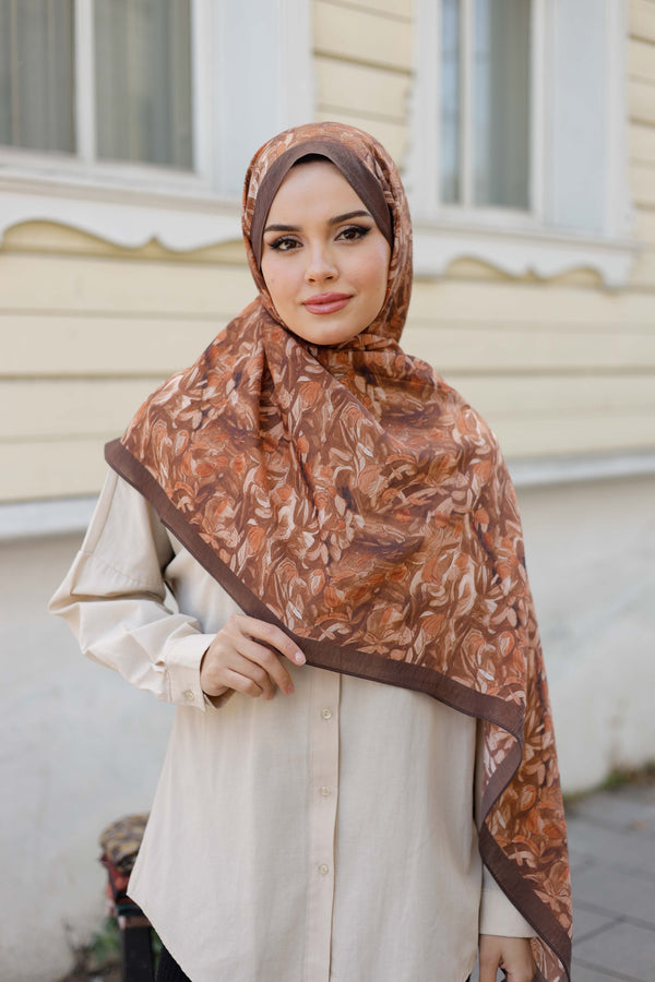 Tensel Şal - Yaprak Desen - Açık Kahve