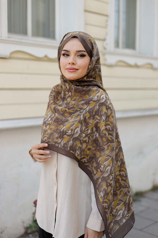 Tensel Şal - Yaprak Desen - Kahve Hardal