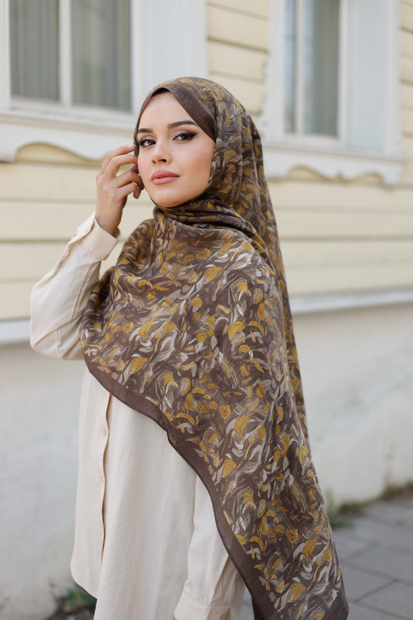 Tensel Şal - Yaprak Desen - Kahve Hardal