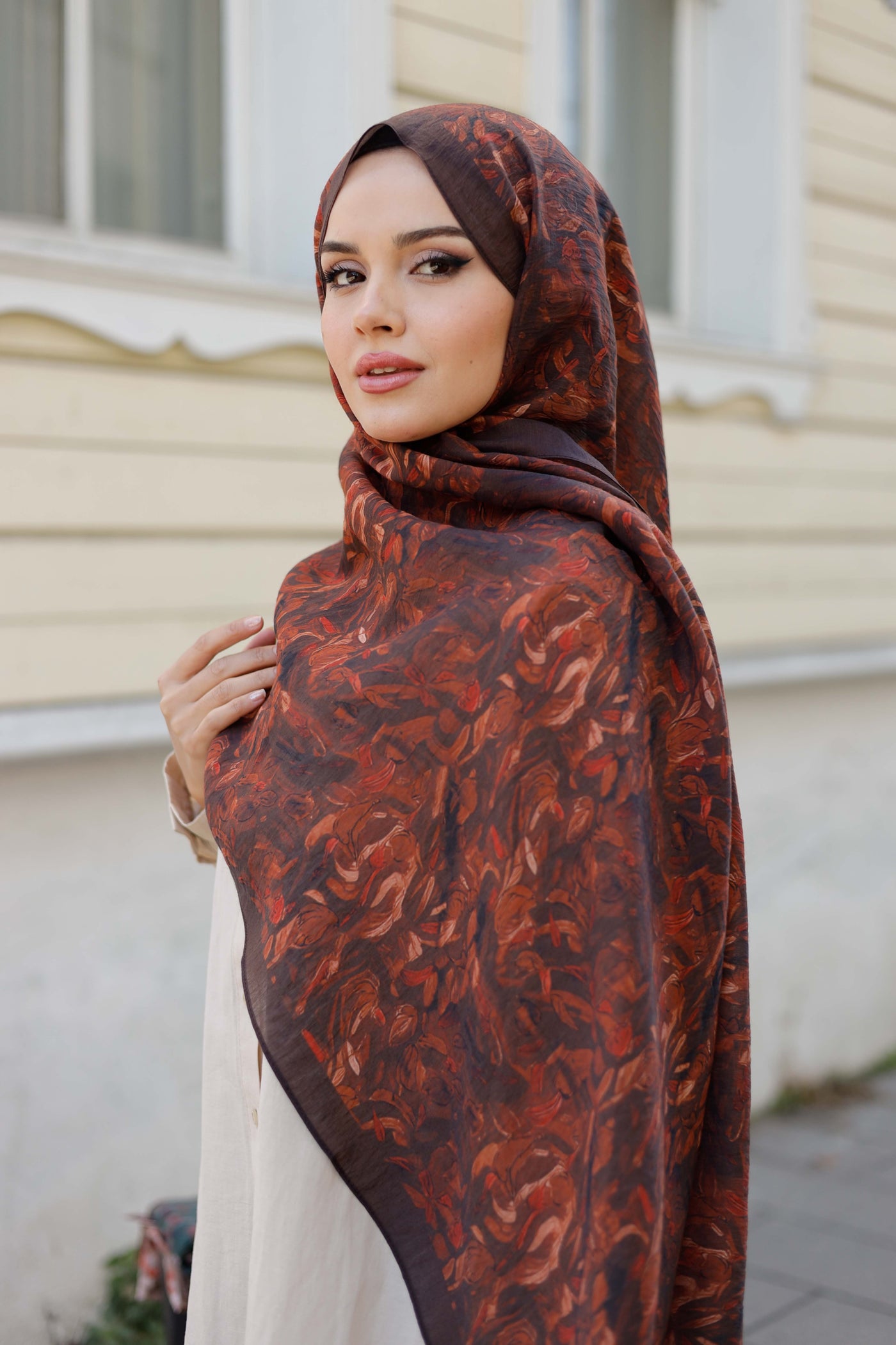 Tensel Şal - Yaprak Desen - Kahve Kiremit