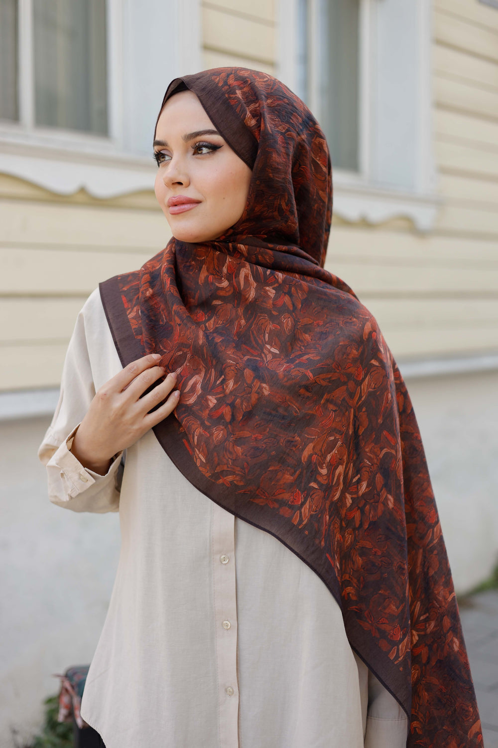 Tensel Şal - Yaprak Desen - Kahve Kiremit