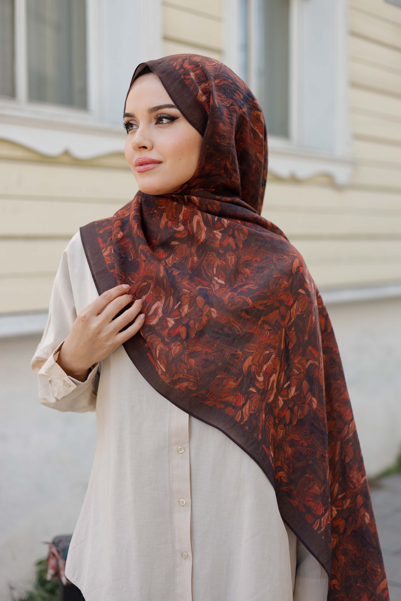 Tensel Şal - Yaprak Desen - Kahve Kiremit