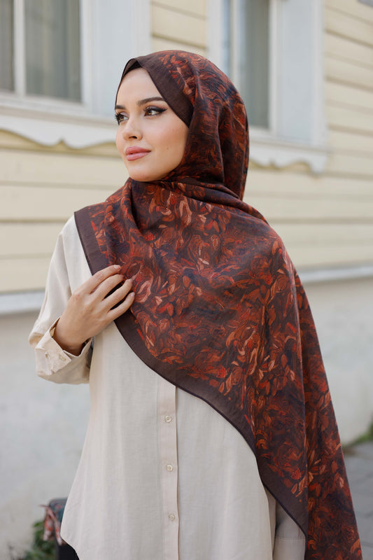 Tensel Şal - Yaprak Desen - Kahve Kiremit