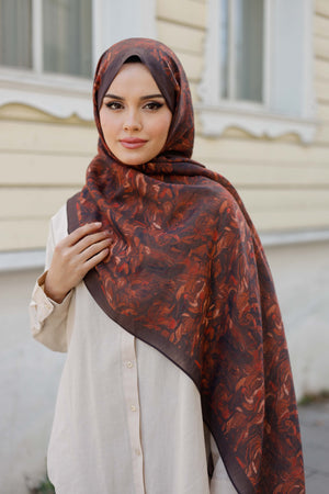 Tensel Şal - Yaprak Desen - Kahve Kiremit