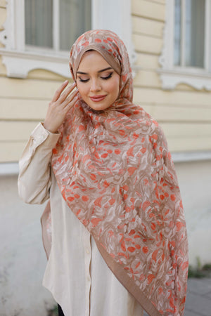Tensel Şal - Yaprak Desen - Vizon Oranj