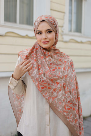 Tensel Şal - Yaprak Desen - Vizon Oranj