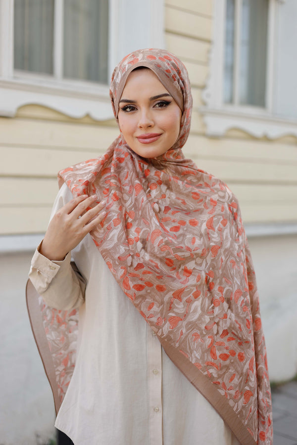 Tensel Şal - Yaprak Desen - Vizon Oranj