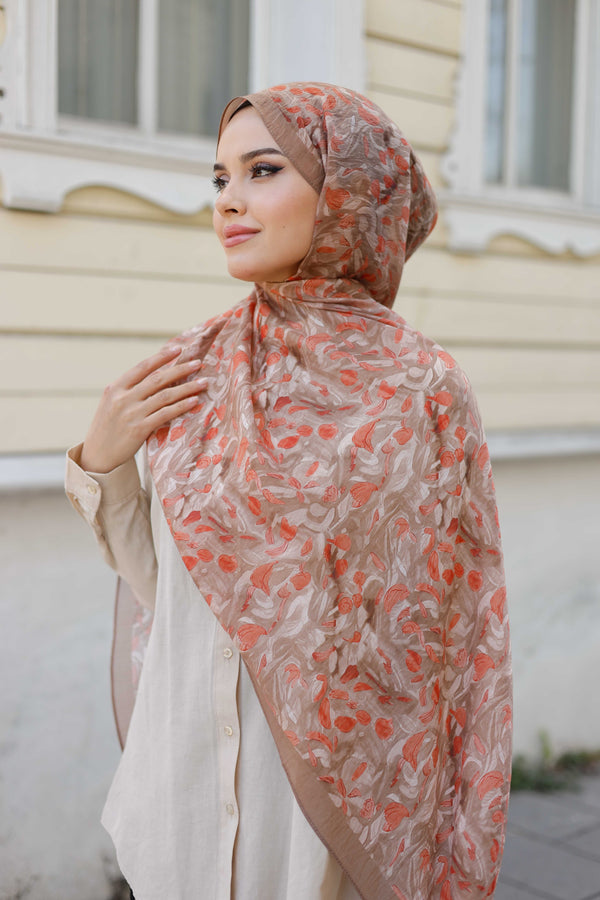 Tensel Şal - Yaprak Desen - Vizon Oranj