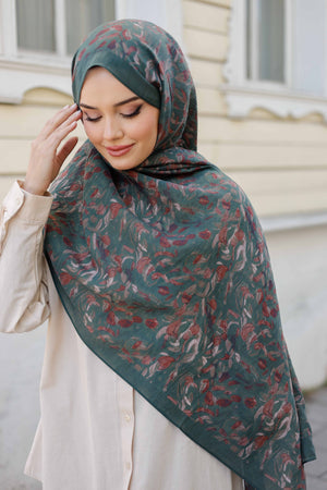 Tensel Şal - Yaprak Desen - Petrol Yeşili