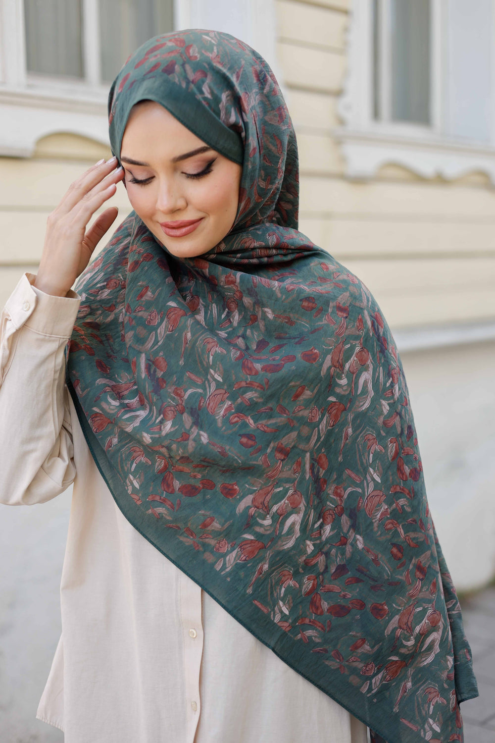 Tensel Şal - Yaprak Desen - Petrol Yeşili