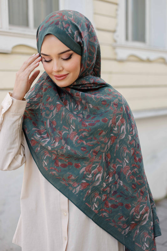 Tensel Şal - Yaprak Desen - Petrol Yeşili