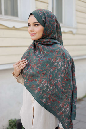 Tensel Şal - Yaprak Desen - Petrol Yeşili