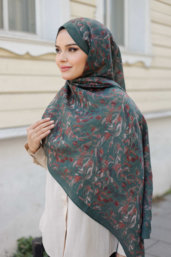Tensel Şal - Yaprak Desen - Petrol Yeşili