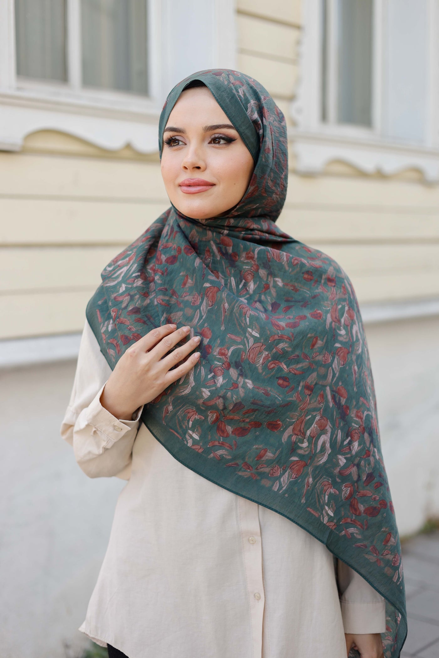 Tensel Şal - Yaprak Desen - Petrol Yeşili