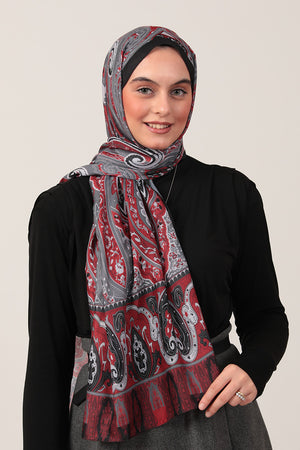 Pamuk İpek Şal - Etnich Desen - Bordo Gri