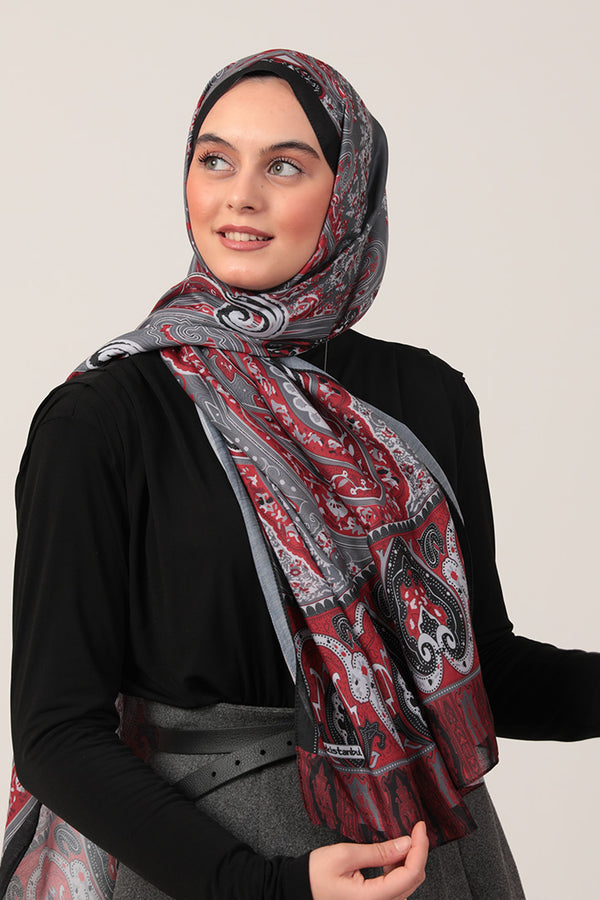 Pamuk İpek Şal - Etnich Desen - Bordo Gri