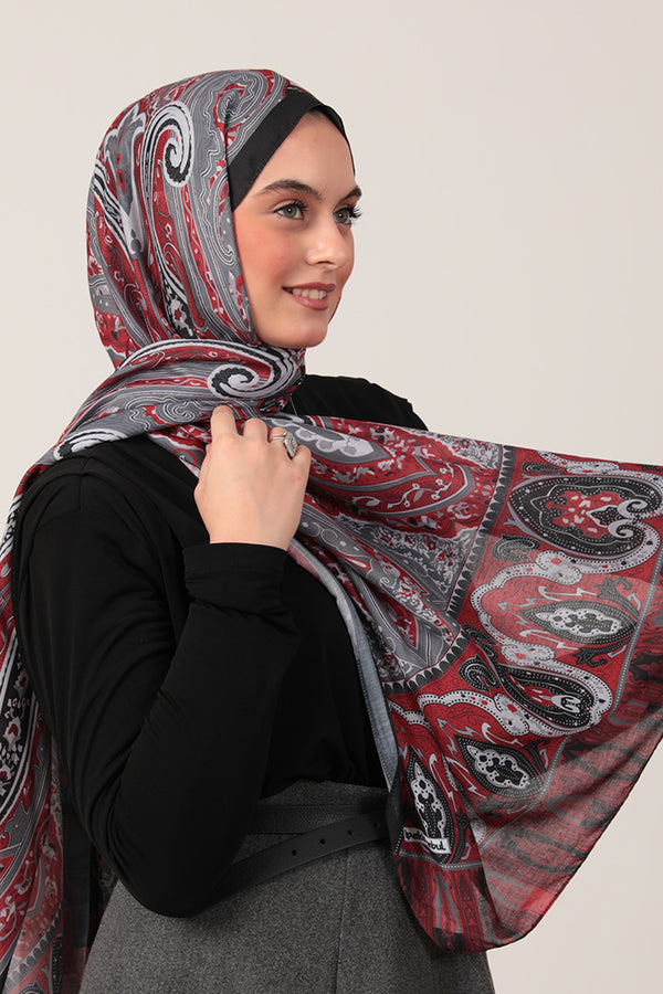 Pamuk İpek Şal - Etnich Desen - Bordo Gri