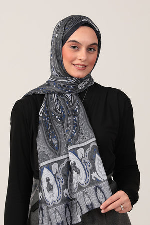 Pamuk İpek Şal - Etnich Desen - Lacivert Füme