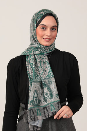 Pamuk İpek Şal - Etnich Desen - Çam Yeşili