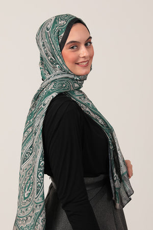 Pamuk İpek Şal - Etnich Desen - Çam Yeşili