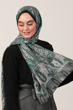 Pamuk İpek Şal - Etnich Desen - Çam Yeşili