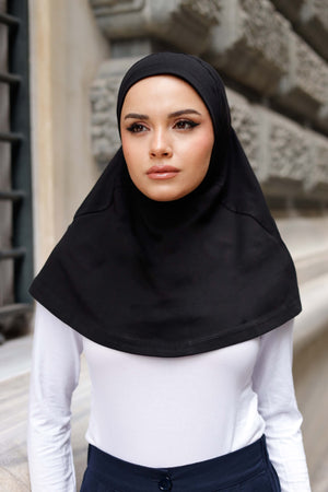 Boyunluklu Hijab Bone - Düz - Siyah
