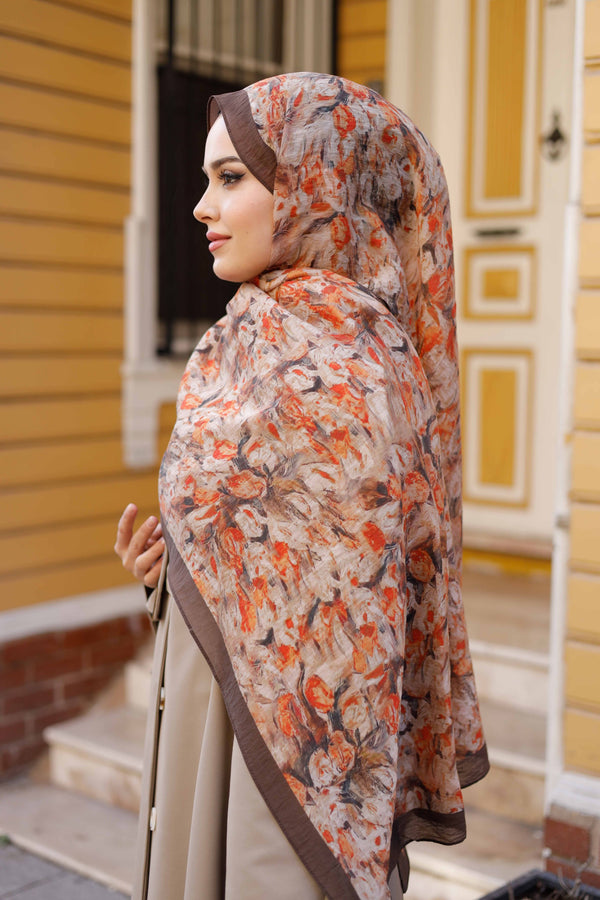 Tensel Şal - Batik Desen - Kahve Turuncu