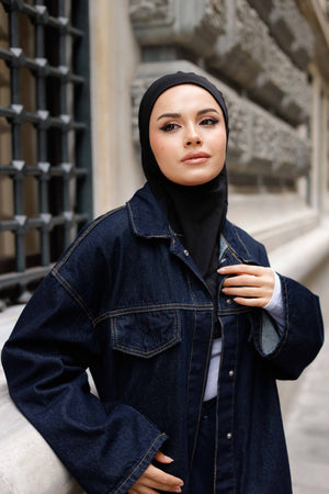 Boyunluklu Hijab Bone - Düz - Siyah
