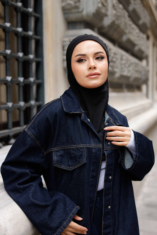 Boyunluklu Hijab Bone - Düz - Siyah